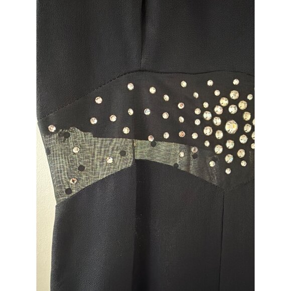 Black Sleeveless Maxi Jumpsuit Rhinestone Waist Detail & Sheer Accents Small - Picture 4 of 5